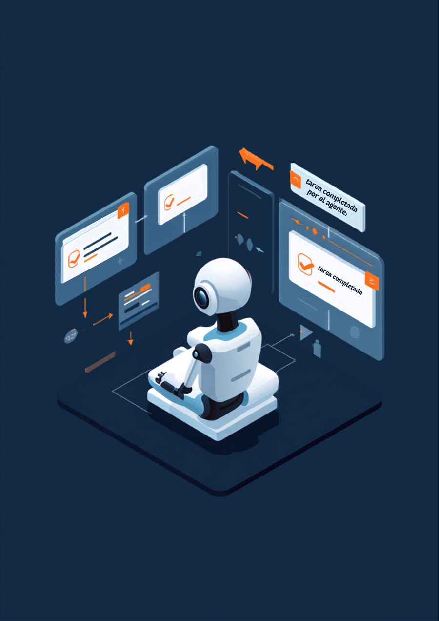 Agente de IA trabajando en tareas automatizadas de oficina, con paneles de tareas completadas